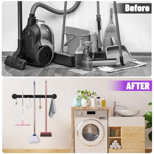 Magnetic Broom Holder Wall Mount - Heavy Duty Non-Slip Mop Hanger with 4 Hooks And 3 Rack, No Drill Tool Organizer for Refrigerator,Garage,Laundry Room (Black, 3Racks 4Hooks)