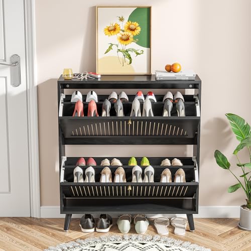 Fsbecl Shoe Storage Cabinet for Entryway with 2 Flip Drawers, Narrow Wood Shoe Cabinet with Fluted Panel, Freestanding Hidden Shoe Organizer for Foyer, Hallway (Black - with Shelf) - color: Black - With Shelf