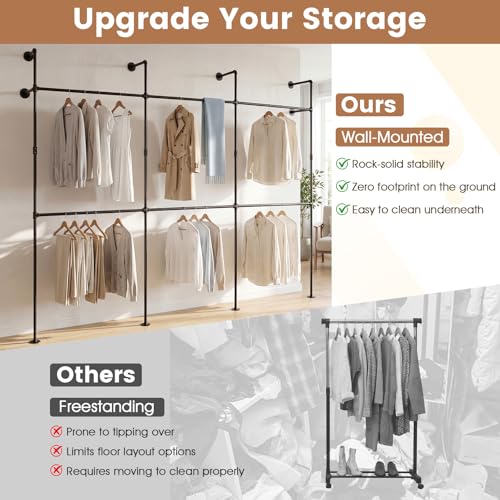 Giantex Industrial Pipe Clothing Rack, 118" Wall Mounted Heavy-Duty Metal Garment Organizer with 6 Hanging Rods, 2-Tier Walk-in Closet System for Wardrobe Closet, Retail Display - size: 118 Inches