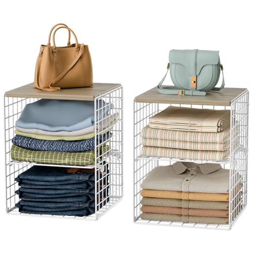 4-Tier Stackable Closet Organizers and Storage, Adjustable Dividers & Wood Top Storage Shelves for Clothes, Wardrobe & Closet Storage Basket Bins/Cube, Space-Saving Closet Organizer System, White