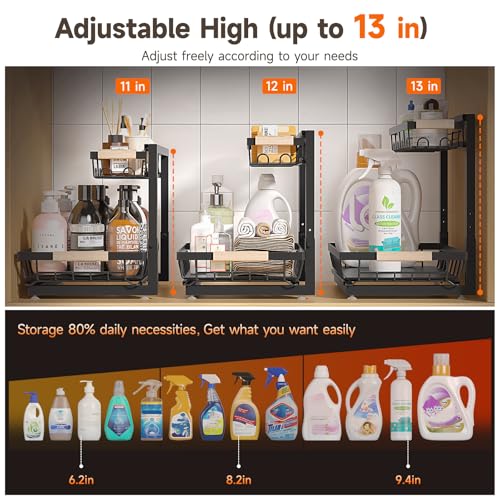 Sevenblue 2 Packs Under Sink Organizer, Height Adjustable 2 Tier Under Kitchen Sink Organizer, Multi-Purpose Storage Shelf for Kitchen Bathroom Cabinet (Black, Large) - color: Black, size: Large