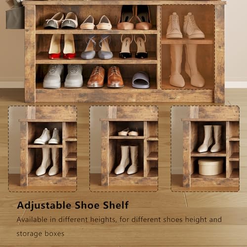 Aiho Entryway Hall Tree with Bench and Storage, 3-in-1 Hall Tree with Coat Rack, Adjustable Shoe Bench, 2-Tier top Storage, for Hallway, Entryway, Bedroom, Rustic Brown - color: Brown