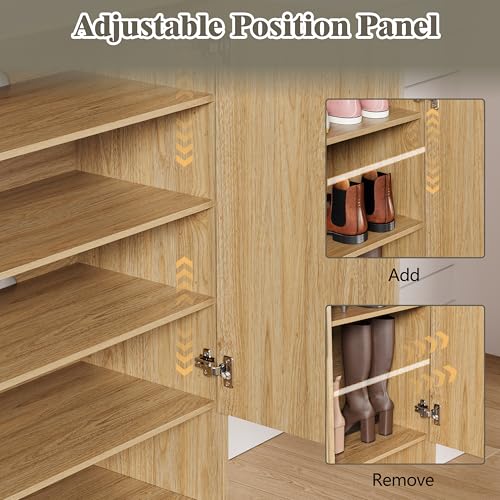 Shoe Cabinet Storage for Entryway, 5 Tier Fluted Shoe Storage Cabinet with Wooden Legs, Narrow Hidden Shoe Organizer with Adjustable Shelves, Freestanding Shoe Rack for Entryway, Hallway, Oak - color: Oak, size: 5 Tier