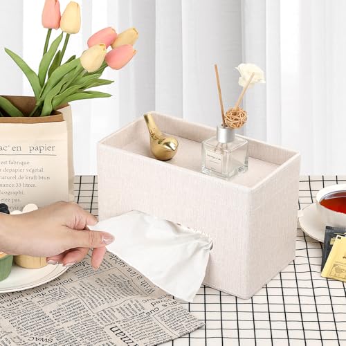 Sumnacon Tissue Box Cover with Storage Tray, Decorative Rectangular Tissue Holder Linen Facial Tissues Organizer Stylish Modern Tissue Dispenser for Bathroom Toilet Tank Vanity Dresser Table - color: Beige