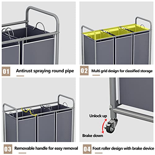 LINZINAR 3-Bag Laundry Sorter,Laundry Hamper Cart with Heavy Duty Rolling Lockable Wheels and Removable Bags (Grey) - size: 3 Bags Grey