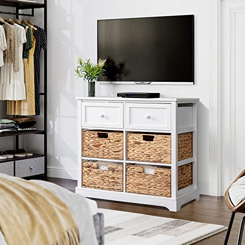 PHI VILLA White Storage Cabinet with Baskets, Accent Cabinet with Drawers, Entryway Rattan Cabinet with Shelves - color: White, size: 6 Drawers
