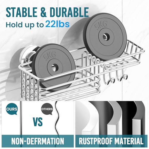TAILI Shower Caddy Suction Cup 2 Pack with Hooks and Soap Holder, Heavy Duty Shower Organizer for Bathroom, No Drilling Silver Bathroom Suction Shelves-Silver - style: 2 × Silver