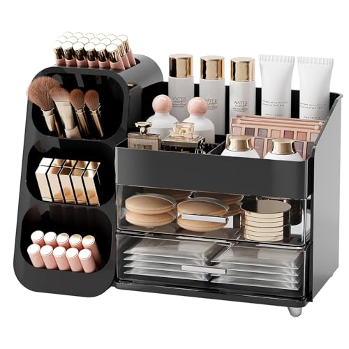 Makeup Organizer for Vanity with Brush Holder, Large Plastic Bathroom Countertop Skincare Organizer with 2 Drawers, Spacious Cosmetic Display Case for Perfumes, Eyeshadow Palettes, Nail Polishes - color: Black, size: Large