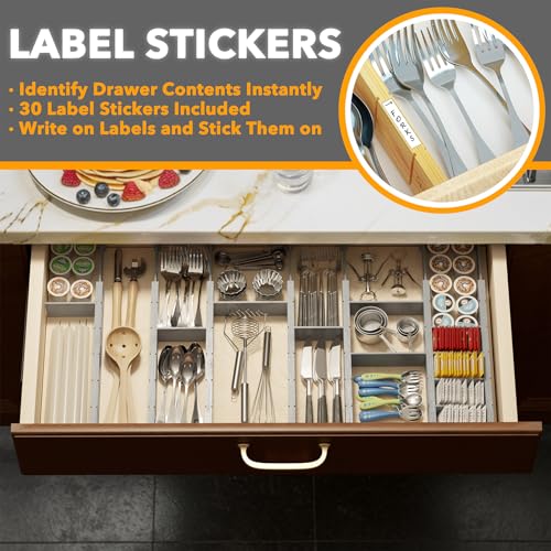 SpaceAid Bamboo Drawer Dividers with Inserts and Labels, Kitchen Adjustable Drawer Organizers, Expandable Organization for Home, Office, Dressers, 7 Dividers with 15 Inserts (17"-22" Gray) - color: GRAY, size: 2.35''H, 17''-22''L, 7 Dividers