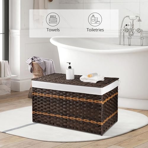 OIAHOMY Storage Basket with Lid, 42.3 Gallon (160L) Blanket Basket with Removable Liner Bag, Synthetic Wicker Hamper with Handle, Hamper for Living Room, Brown - color: Brown, size: 160L