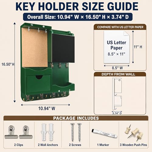 Key Holder Wall Mount， Mail Organizer Key Holder for Wall with Shelf, Drawer, Chalkboard, Corkboard, Home Decor Wall Mounted for Room Entryway (Green) - color: Dark Green, size: Vertical
