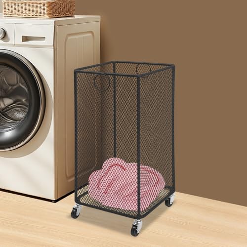 Metal Laundry Storage Cart - Square, Mesh Wire Rolling Laundry Hamper with Wheels & Ring Handles, Clothes or Linen Storage Organizer Hamper Bin Laundry Basket, 12"L x 12"W x 22"H, Black - color: Black, size: Square - 12"W