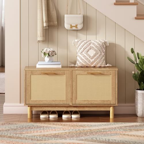 HOOBRO Shoe Storage Bench, Rattan Entryway Bench with 2 Flip Drawers, 39.4'' Hidden Shoe Cabinet with Adjustable Shelves, Comfort Seat Holds 300lb, Large Capacity Fits 8-12 Pairs, Natural NL51HX01 - color: Natural