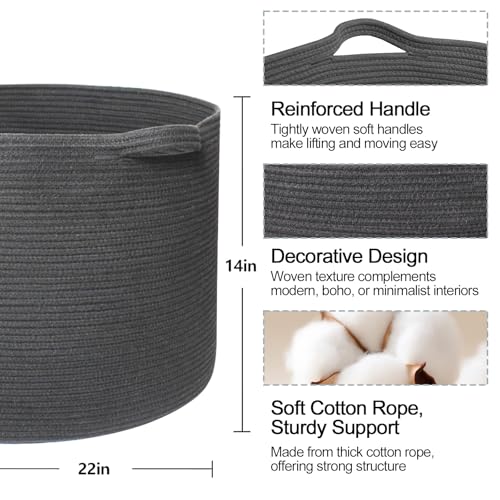 Extra Large Blanket Basket, 22"x14" Woven Cotton Rope Baskets for Organizing, Kids Dog Toy Bin Box, Large Wicker Blanket Storage for Living Room, Throw Pillow Holder Organizer, Dark Gray - color: Dark Gray