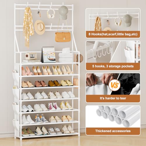 OYREL Shoe Rack 7 Tier Sturdy Shoe Racks for Closet Shoes Organizer for 28-35 Pairs Large Capacity Shoe Storage Rack with Multifunctional 5 Hooks and Side Pocket for Entrance Entryway - color: White, size: 7 Tier