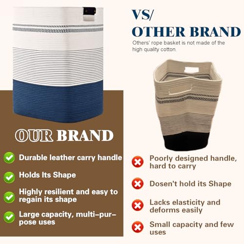 Laundry Hamper, 95L Tall Laundry Basket with Leather Handles, Rectangle Large Clothes Hamper for Organizing, Cotton Woven Laundry Baskets Storage Hampers for Bedroom, Nursery, Living Room - color: Dark Blue & White, size: 95L
