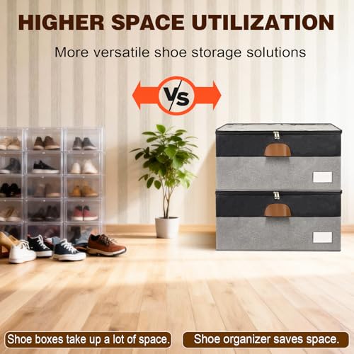 2 Pack Shoe Organizer for Closet, Adjustable Shoe Box Storage Containers, Large Foldable Shoe Bins with Clear Cover, Space Saving Shoes Holder with 4 Handles, Fits 24-48 Pairs, Black - color: Black and Grey, size: (2 Pack) 25 ½"L x 17"W x 12 ½"H