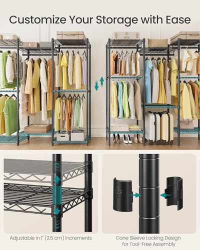 SONGMICS Heavy-Duty Clothes Rack, Garment Rack, Portable Closet, 56.9-Inch Wide Clothing Rack, with Adjustable Mesh Shelves and Hanging Rails, Ink Black ULGR432B01 - color: Ink Black, size: 56.9"L x 76"H, style: Without Fabric Cover