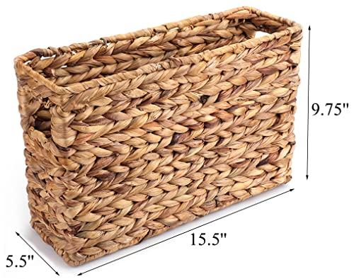 Yesland Hand-Woven Narrow Water Hyacinth Holder Wicker Basket, 15.5 x 5.5 x 9.75 Inch Decorative Magazine Storage Basket Bin for Home, Office, Desk