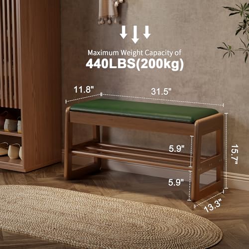 AQIMUELE Shoe Rack Bench,2 Tiers Shoe Bench with Storage with Flip-Top,Wood Shoe Rack for Entryway,Hallway（Green Upholstered Seat,11.8" D x 31.5" W x 15.7" H） - color: Green Upholstered Seat, size: 11.8"D x 31.5"W x 15.7"H