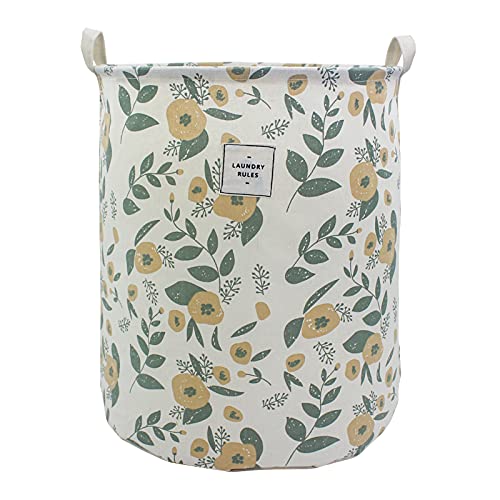 Mziart Collapsible Laundry Basket, Floral Printing Large Laundry Hamper for Baby Girls Kids Toys Clothes Organizer Foldable Storage Bin Waterproof Canvas Nursery Storage Basket with Handles (Green) - color: Green
