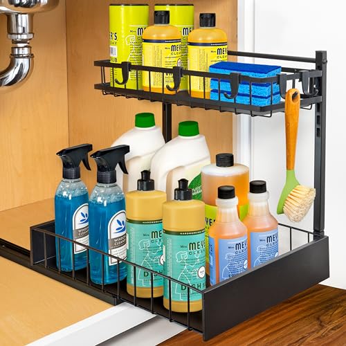LYNK PROFESSIONAL® Pull Out Under Sink Kitchen Cabinet Organizer - 10" W x 14" D 2-Tier Drawer - Sliding Shelf Organizer for Cabinets and Undersink Storage Shelves - Lifetime Ltd. Warranty – Black - color: 10"W x 14"D Black