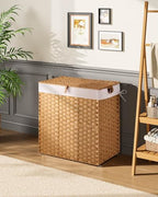Greenstell Laundry Hamper with lid, No Install Needed, 110L Wicker Laundry Baskets Foldable 2 Removable Liner Bags, 2 Section Clothes Hamper Handwoven Rattan Laundry Basket with Handles, Natural - color: Natural, size: 110L (22.2x13.3x24.0 Inches)