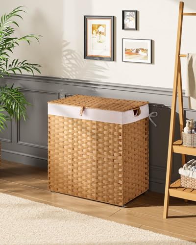 Greenstell Laundry Hamper with lid, No Install Needed, 110L Wicker Laundry Baskets Foldable 2 Removable Liner Bags, 2 Section Clothes Hamper Handwoven Rattan Laundry Basket with Handles, Natural - color: Natural, size: 110L (22.2x13.3x24.0 Inches)