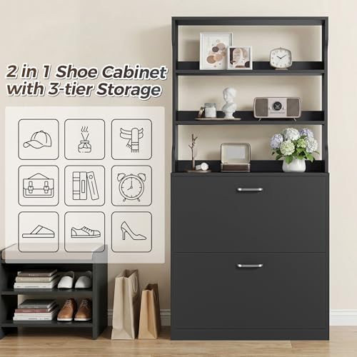 IRONCK Tall Shoe Cabinet with 2 Flip Drawers, Narrow Hidden Shoe Storage Cabinet with Shelves, Slim Freestanding Shoe Organizer for Entryway, Hallway, Black - color: Black