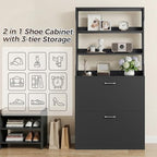 IRONCK Tall Shoe Cabinet with 2 Flip Drawers, Narrow Hidden Shoe Storage Cabinet with Shelves, Slim Freestanding Shoe Organizer for Entryway, Hallway, Black - color: Black