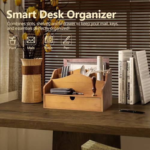 Pine Wood Mail Organizer For Desk - Rustic Mail Sorter With Drawer & Dividers 4-Slot Letter Sorter For File And Jewelry - Wooden Letter Holder For Desk Organization & Home Office Decor (Yellow) - color: A-Yellow