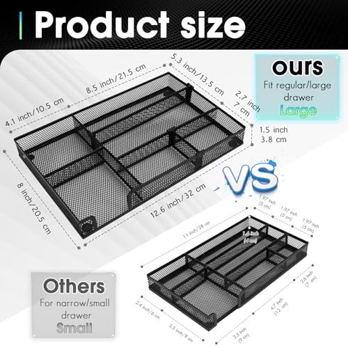 Desk Drawer Organizer Tray, 4 to 6 Grid Drawer Divider with 2 Adjustable Compartments, Metal Mesh Desk Organizer for Stationery Makeup Kitchen Toolroom School &Office, 12.6x8.26x1.57 in,1 PC