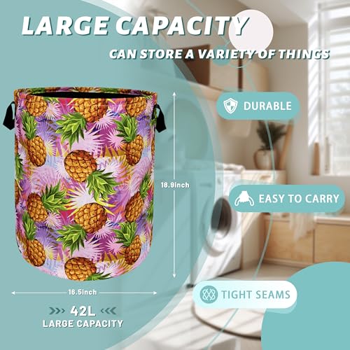 Tropical Pineapples Laundry Basket Foldable With Handles Palm Leaves Tote Bag Oxford Cloth Colorful Laundry Hamper Clothes Toy Storage Bucket For Bathroom/Laundry/Bedroom 18.9" x 16.5 " - color: Tropical Pineapples With Palm Leaves