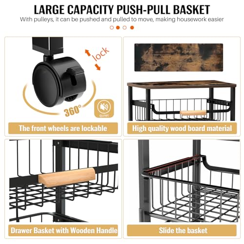 5-Tier Rolling Utility Cart, Kitchen Storage Cart with Wheels, Large Capacity Utility Cart with Wooden Tabletop & Mesh Baskets for Kitchen, Bathroom, Laundry Room