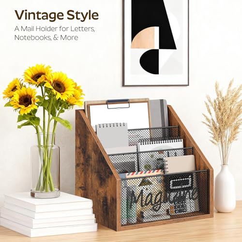 YATINEY Magazine Holder, Wood Magazine Rack Floor, Mail Organizer Countertop, Magazine Mail Holder Sorter, Record Holder for Magazines, Books, Newspapers, Tablets, Rustic Brown and Black MR02BR - color: Rustic Brown + Black
