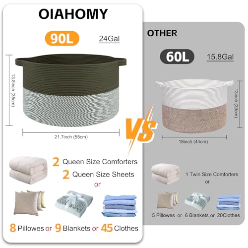OIAHOMY 90L XXXLarge Blanket Basket for Living Room, 21.7" x 13.8" Woven Cotton Rope Laundry Basket for Organizing Pillows, Decorative Stuffed Animal Toy Storage Bin for Nursery, Green and Grey - color: Green and Grey, size: 21.7"D x 13.8"H