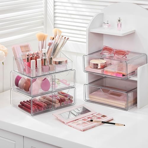 Vtopmart 5 Tier Clear Makeup Organizer with Drawer, Cosmetic Storage for Dresser Countertop and Bathroom Vanity, Beauty Holder for Lipstick Brush Skincare - style: 5 Tier (2 Sizes Drawer)