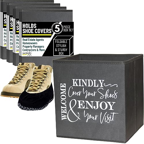 Life Charge Shoe Covers Box - Real Estate Open House Supplies for Realtor Listings. Shoe Cover Holder for Home asks to Please Cover Shoes - Fill with Shoe Booties - Indoor Use | 5 Pack Grey & White - color: Grey and White, size: 5