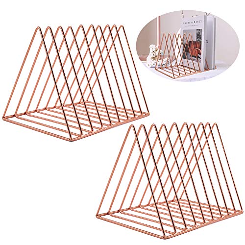 EASEPRES 9 Slot Magazine Rack Book Record Holder, Desktop Iron Storage Rack Bookshelf Multifunction Triangle File Organizer Sorter for Decor Home Office, Rose Gold Pack of 2 - color: 2 Pack Rose Gold