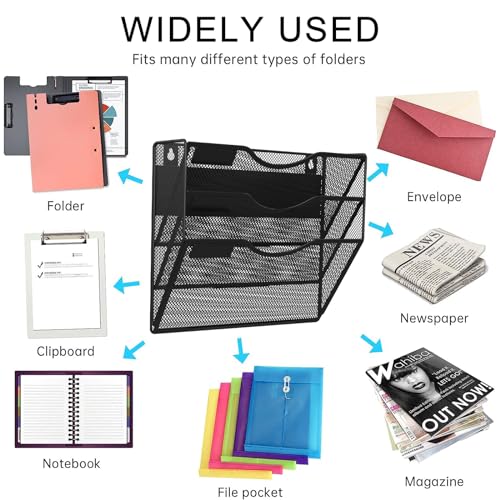 3-Tier Magnetic File Holder, No Drilling Installation File Cabinet Organizer, Black Magnetic File Organizer, Magazine Rack, Magnetic Paper Holder for Refrigerator, File Cabinets, Whiteboard