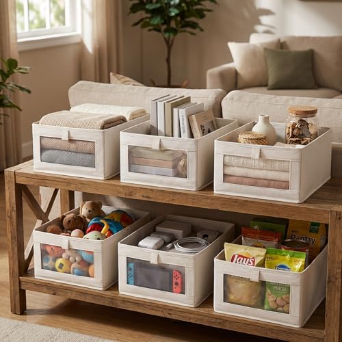 6 Pack Linen Closet Organizers and Storage, Foldable Closet Storage Bins with Clear Window, Fabric Closet Organizers for Shelves, Bedroom, Living Room - Organize Clothes, Jeans, Toys, Blankets