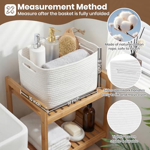 Storage Baskets for Organizing, 14 x 10 x 9” Closet Shelf Woven Baskets, Square Bins with Handles, Cotton Rope Basket for Toys, Clothes, Office, Room, White 3 Pack - color: White, size: 3pcs