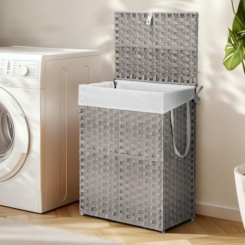 90L Laundry Hamper with Lid, Hand-Woven Pp Rattan Laundry Basket with Compartments & Handles, Removable Liner Bags,Foldable, Narrow Dirty Clothes Basket, Grey - color: 90L-Grey