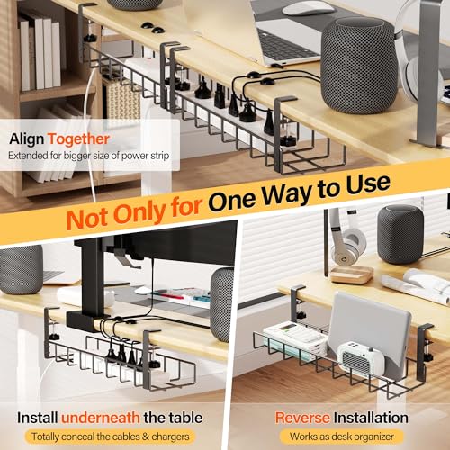 2 Pack Cable Management Under Desk Tray, 31.4" No Drill Under Desk Wire Management with Upgraded Clamp, Metal Cord Organizers for Desk with Cable Organizers, PC Cable Management Rack, Black - color: Black, size: 2 Pack (Standard)