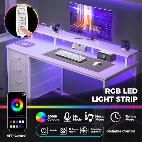 DUMOS 40 Inch Computer Desk with 4 Drawers,4 Drawer Gaming Desk with Power Outlets and LED Lights,Office Desk for Small Spaces with Monitor Shelf,Writing Desk for Home Office,Bedroom, Study,White - color: White, size: 40 Inches
