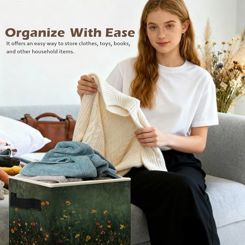 Dark Green Wildflower Storage Box Bins, Dark Cottagecore Floral Botanical Collapsible Storage Basket Organizer for Bedroom Laundry Room Home Clothes Toys Books, Toybox for Girls - color: Floral C