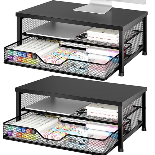 OPNICE Computer Monitor Stand Riser, Desk Organizer with Drawer, Printer & Laptop Stand, Office Desk Accessories & Workspace Desktop Organizers Storage for Office Supplies(Black 2-Pack) - color: Black 2-Pack