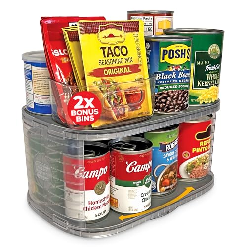 Mighty Susan 2-Tier Lazy Susan Pantry Organizer – Steel Reinforced Turntable for Kitchen Cabinets & Pantry Storage – Heavy-Duty Can Organizer Holds Up to 30 lbs – Rotates 360° – Includes 2 Bonus Bins - size: Mighty Susan 2-Tiered