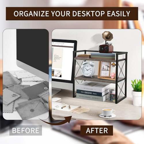 YINMIT Desktop Shelf Organizer, 2 Tier Office Shelves, Wood Desk Organizer Storage Rack and Freestanding Display Shelf for Office, Dormitory, Home (Grey) - color: Grey