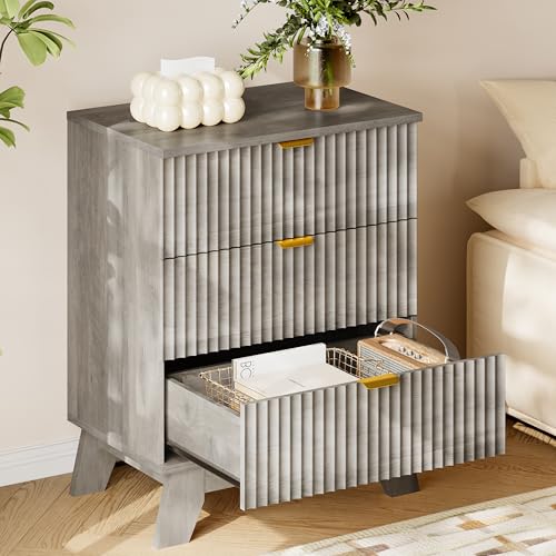BORNOON 30.5" Nightstand with Charging Station, 3-Drawer Fluted Bedroom Chest, Wood Bedside Dresser with Power Outlets and USB Ports, Metal Slides, Stable Base, Modern Storage Cabinet for Small Spaces - color: Rustic Drift, size: 3-Drawer with Strip